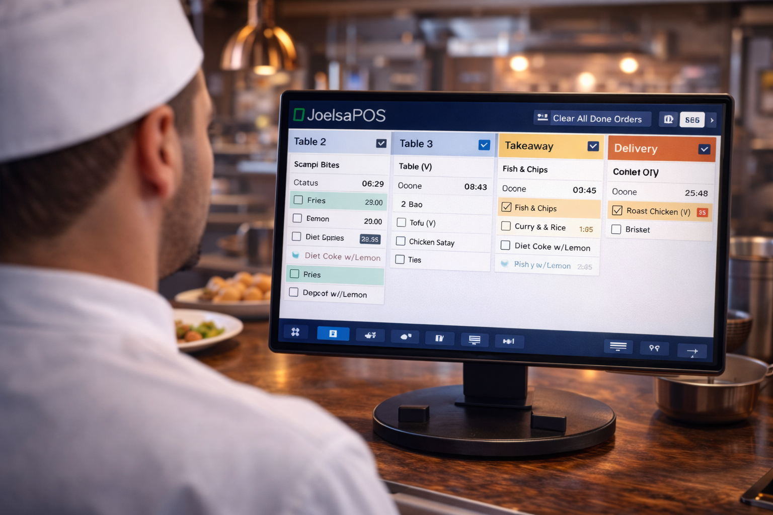 Kitchen display system screen showing restaurant orders